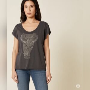 Lucky Brand Black Cap Sleeve Relaxed Tee with Elephant Design